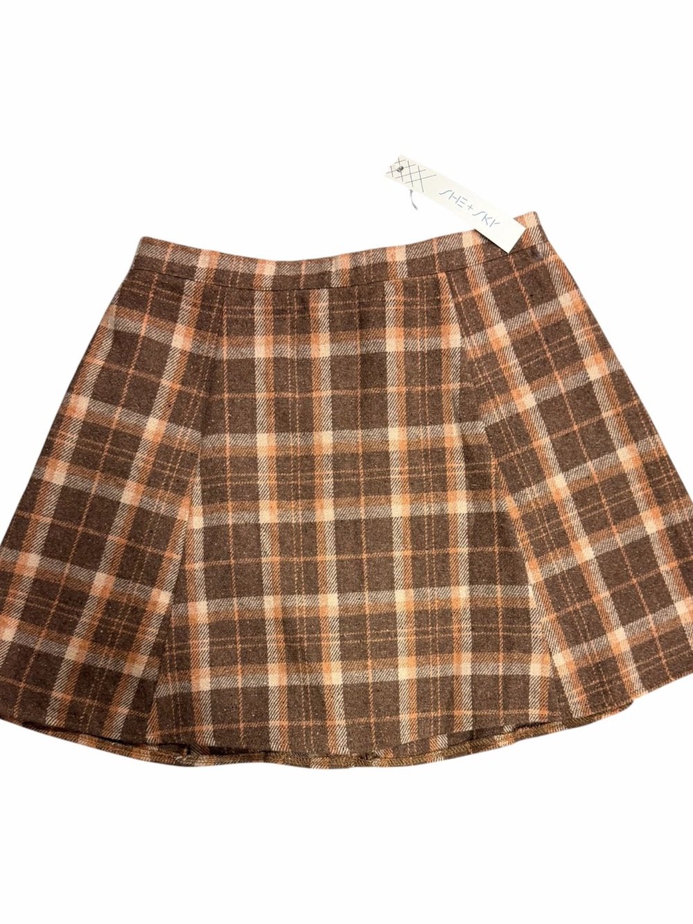 She + Sky Brown Plaid Circle Skirt with Tan and Cream Stripes